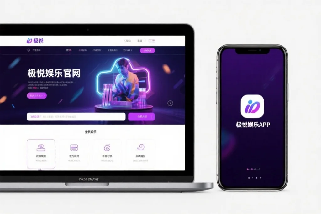 一台笔记本电脑屏幕上显示着益达娱乐官网的界面，旁边是一部手机显示着益达娱乐APP，两者并列对比